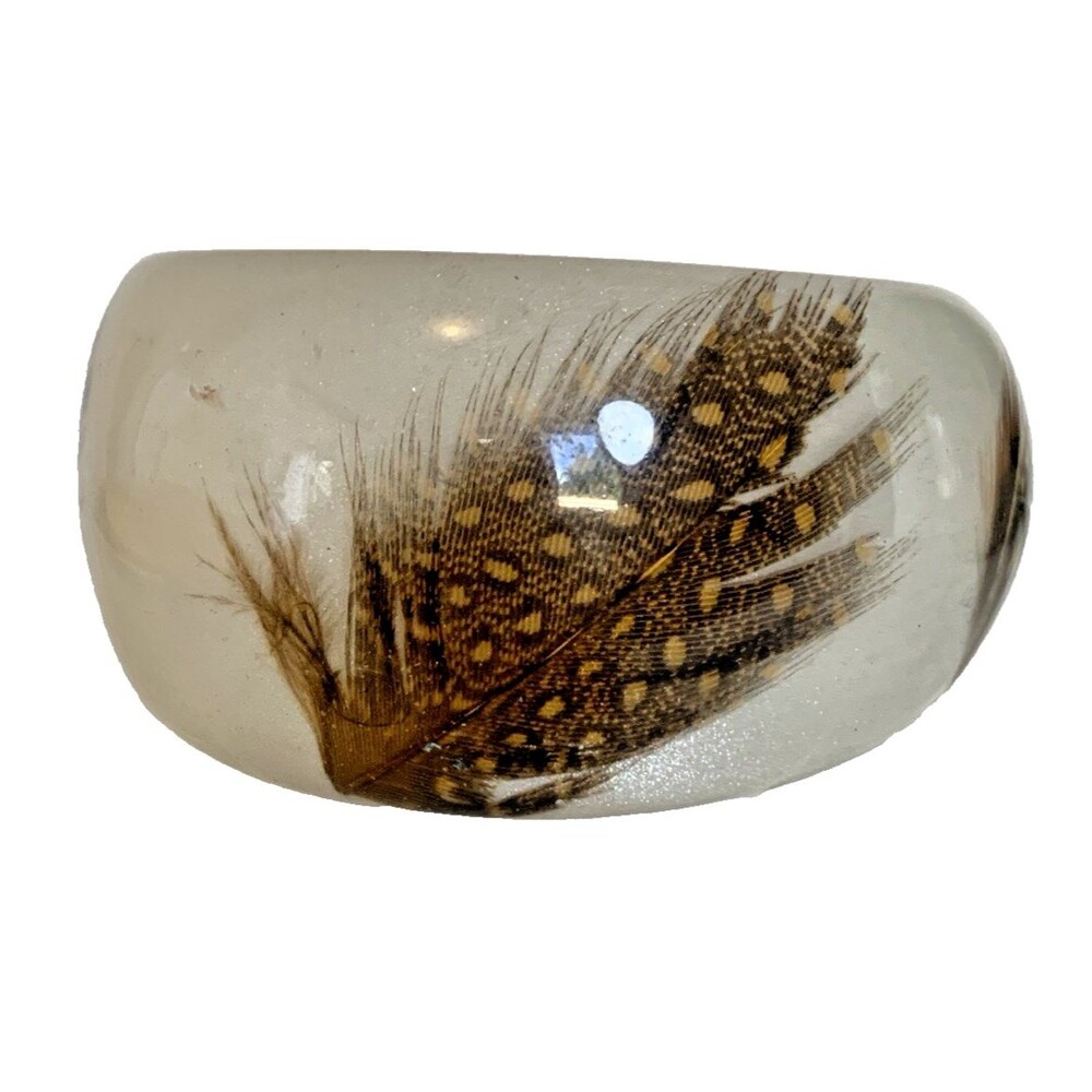 Vintage Embedded Feather Acrylic Bangle Bracelet Wide Clear Cuff Boho Nature
